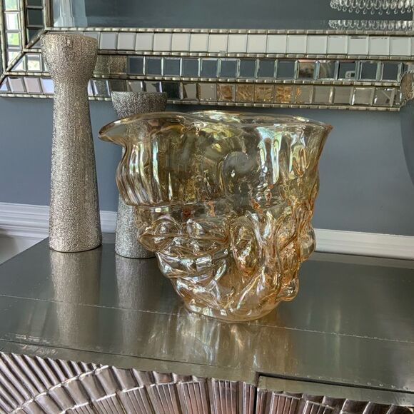 Tamaian Handmade Romanian Iridescent Amber Glass Bowl Vase Decor Art - Picture 1 of 16